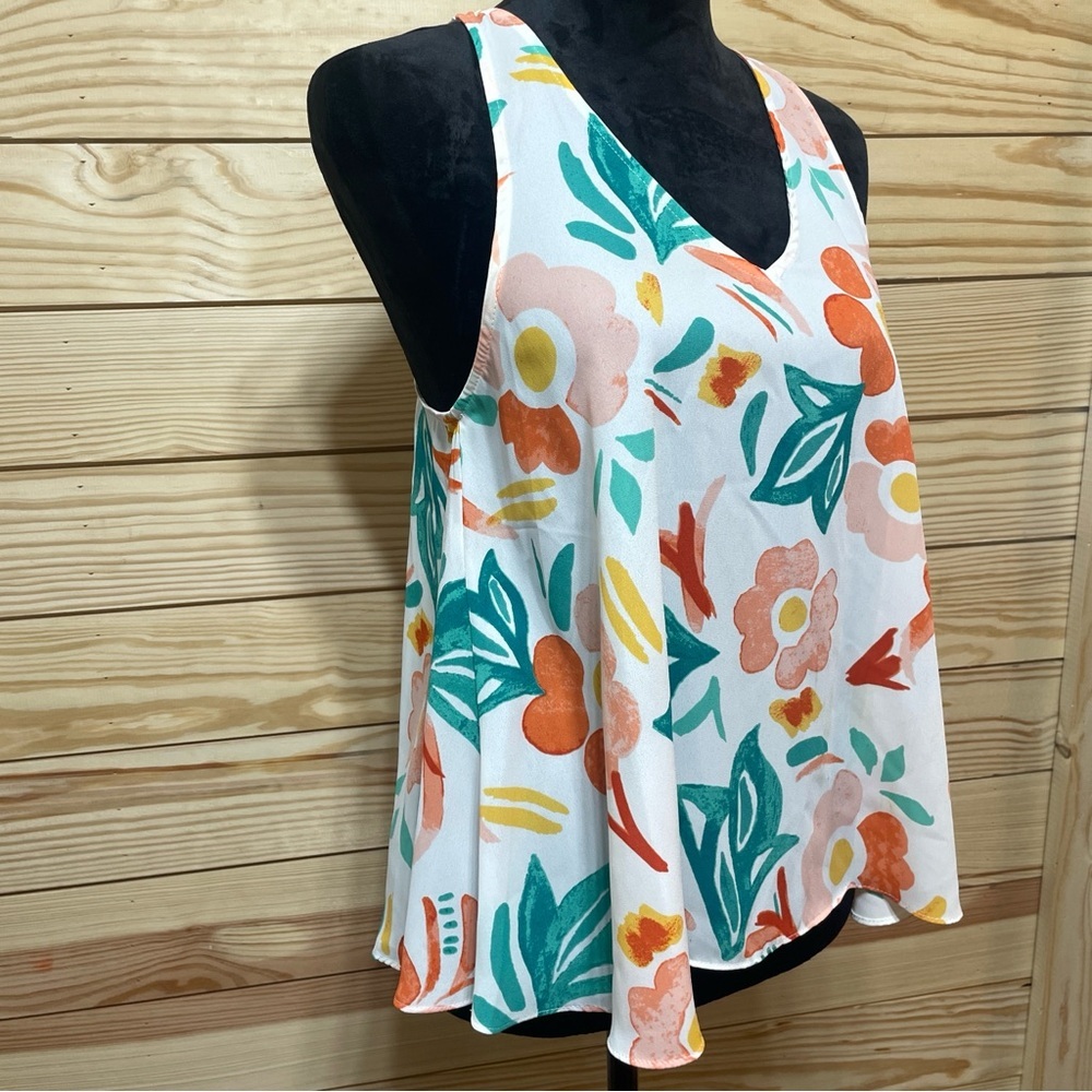 EUC Everly Womens Racerback Floral Dress Tank Size Small Peach Green on White - Picture 3 of 9